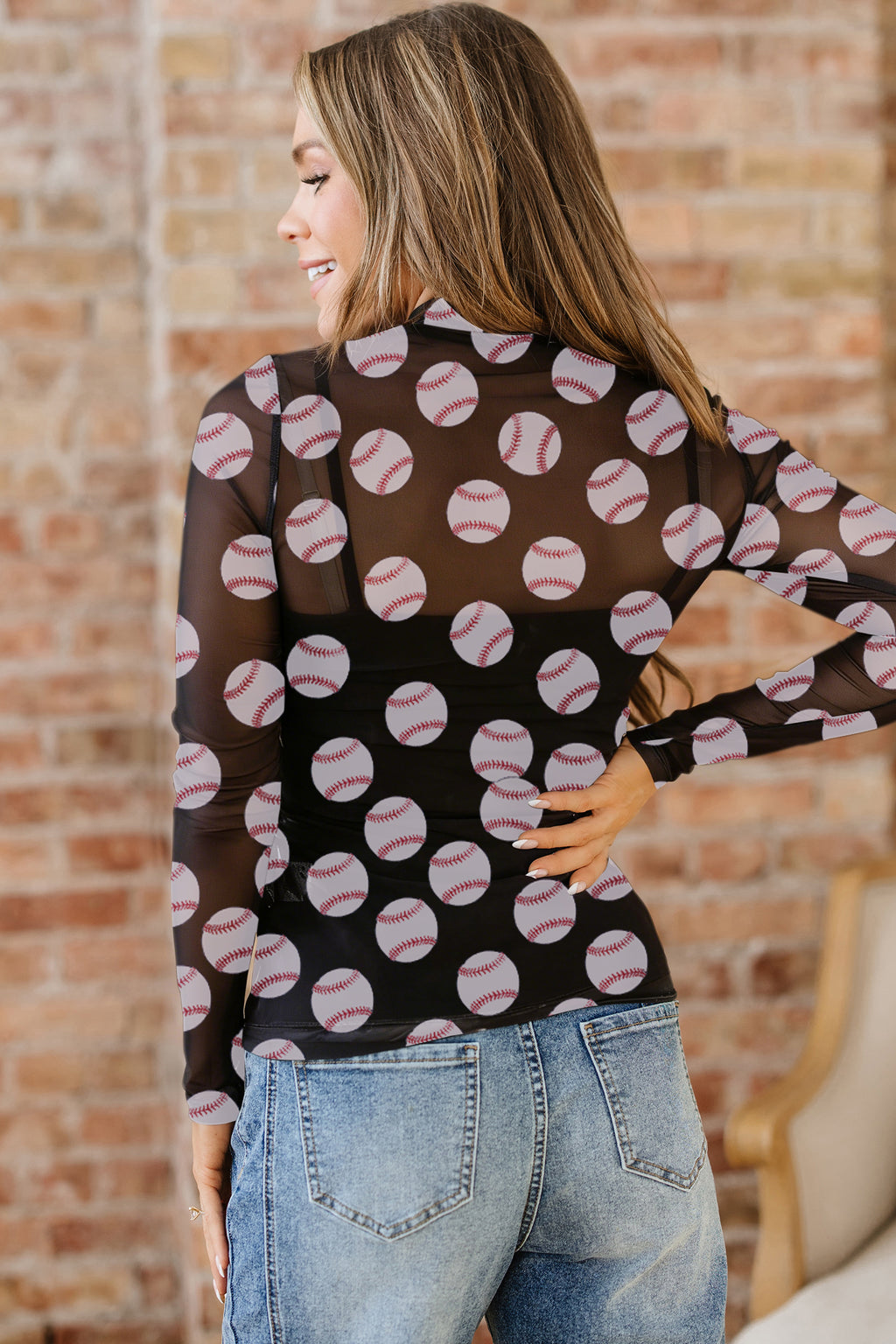 Baseball Game Day Sheer Mesh Long Sleeve Top