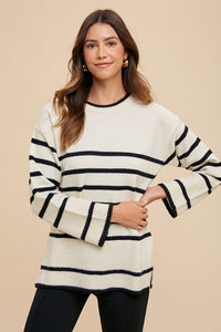 Hazel Blues® |  Annie Wear Side Slit Striped Round Neck Sweater