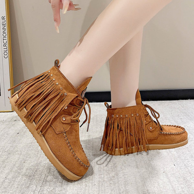 Hazel Blues® |  Fringe Studded Round Toe Canvas Boots