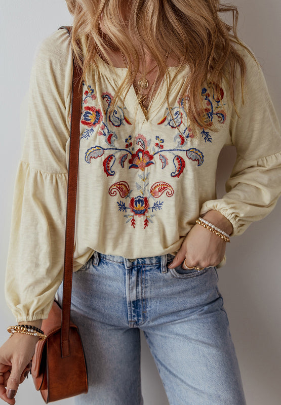 Hazel Blues® |  Embroidered Notched Long Sleeve Blouse