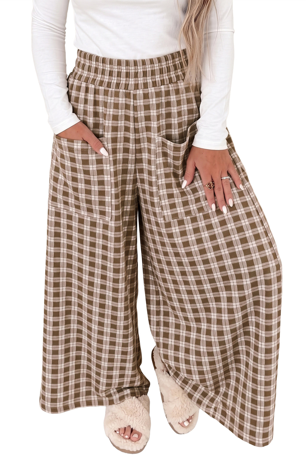 Brown Plaid Wide-Leg Pocket Pants