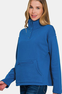 Hazel Blues® |  Zenana Turtleneck Half Snap Fleece Sweatshirt