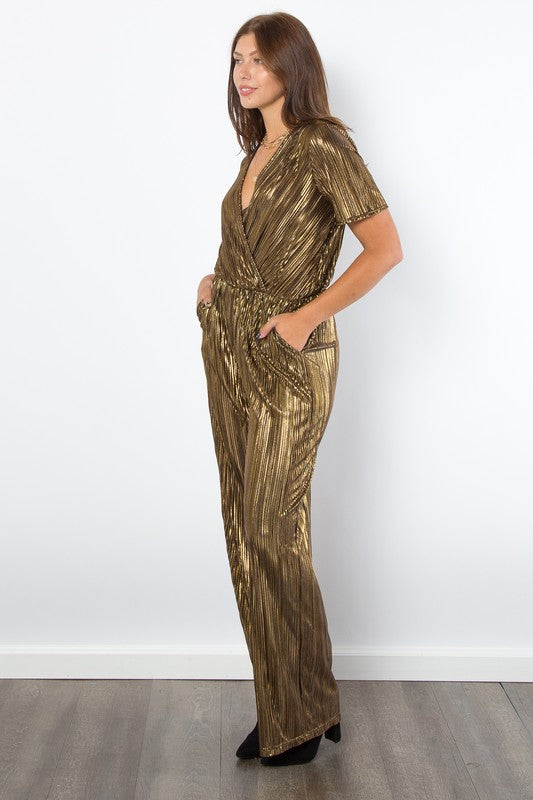 Hazel Blues® |  Be Stage Surplice Short Sleeve Pleated Foil Jumpsuit