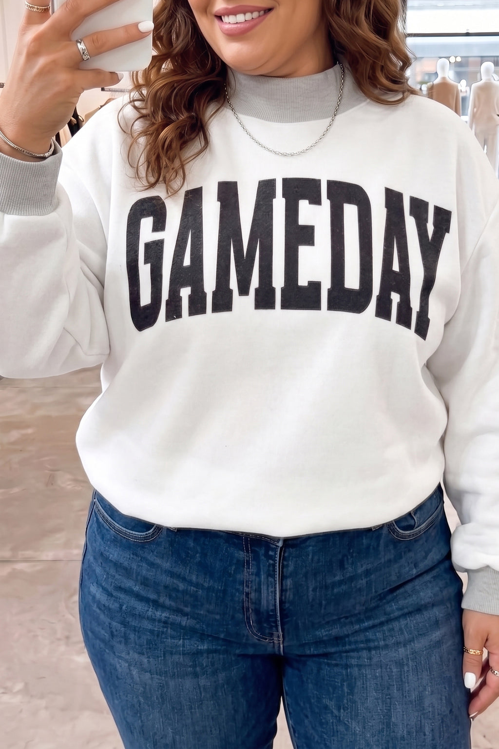 Delilah Grace Light Grey Game Day Football Letter Print Reversible Sweatshirt