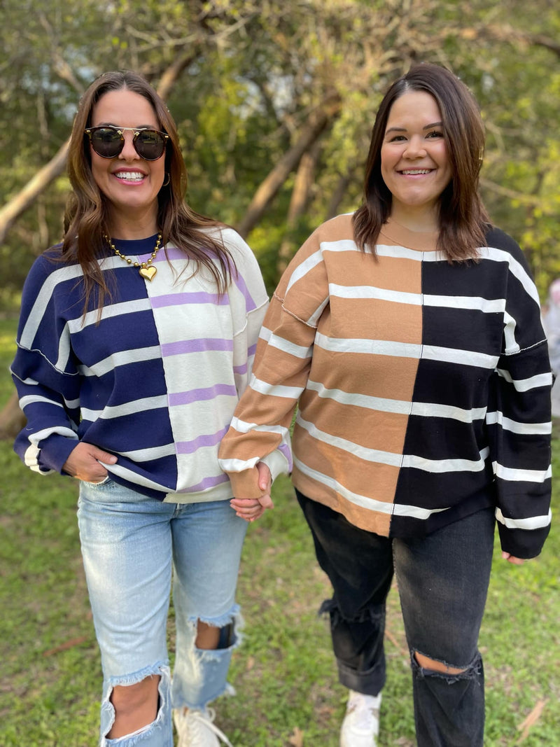 Hazel Blues® |  PREORDER: Exceptional Thought Striped Patchwork Sweater in Three Colors