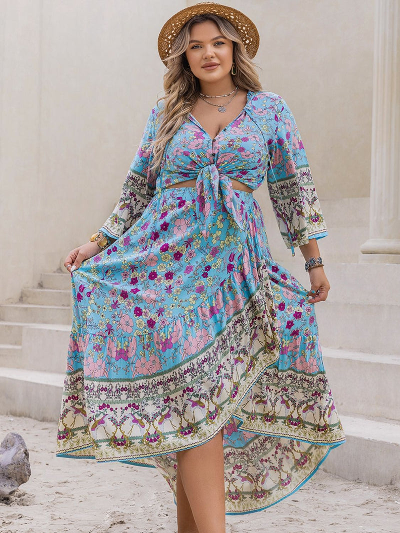 Hazel Blues® | Printed Tie Neck Top and Skirt Set