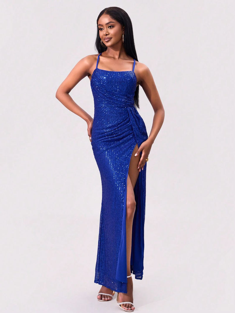 Hazel Blues® |  Slit Sequin Square Neck Spaghetti Strap Dress