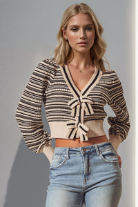 Hazel Blues® |  Double Take Striped Bow Decor Cropped Cardigan