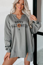 Hazel Blues® |  Chestnut Sequin Happy Halloween Graphic Notched Neck Long Sleeve Loose Top