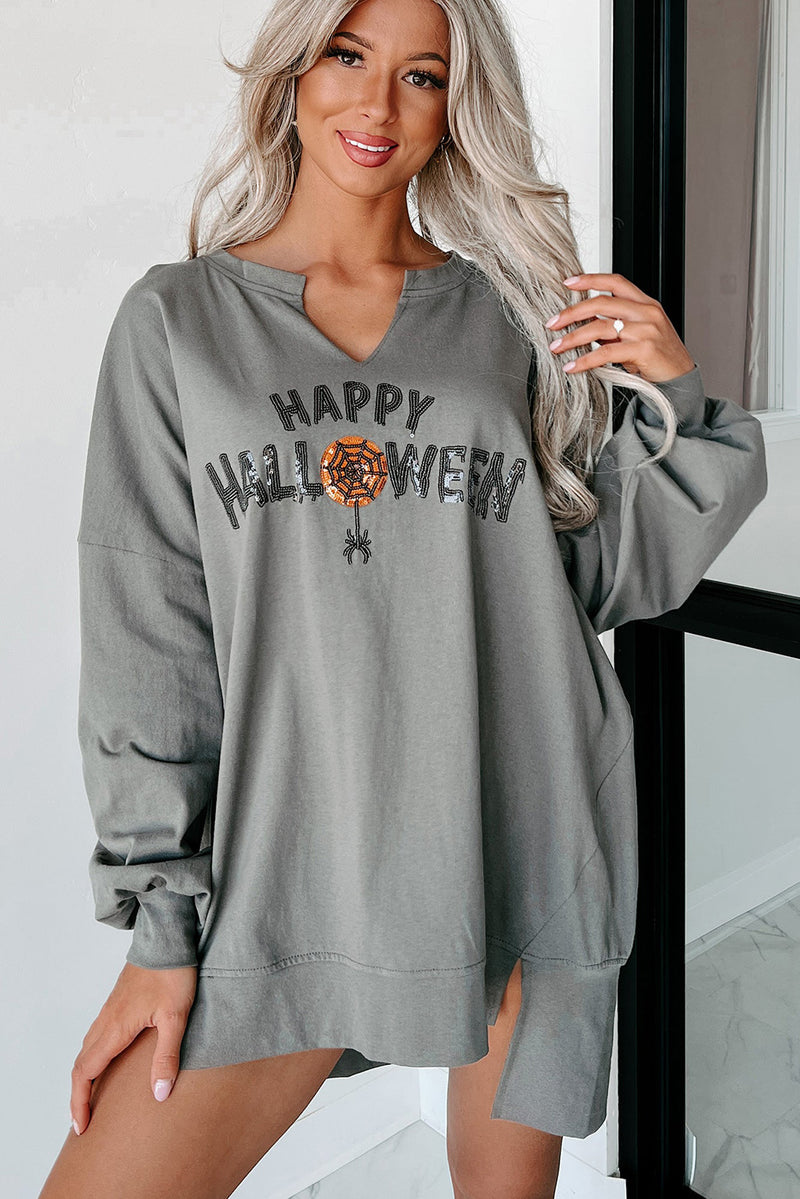 Hazel Blues® |  Chestnut Sequin Happy Halloween Graphic Notched Neck Long Sleeve Loose Top