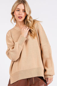 Hazel Blues® |  Mittoshop Side Slit Round Neck Drop Shoulder Sweater