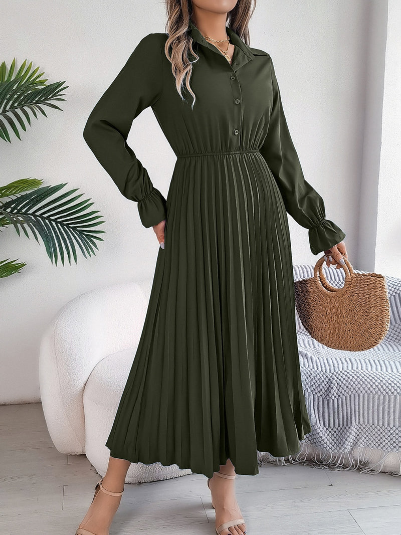 Hazel Blues® |  Pleated Half Button Long Sleeve Midi Dress