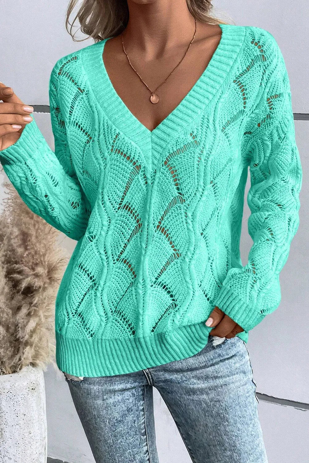 Hazel Blues® |  Openwork V-Neck Long Sleeve Sweater