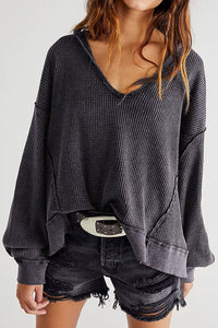 Hazel Blues® |  Waffle-Knit Notched Long Sleeve Sweatshirt