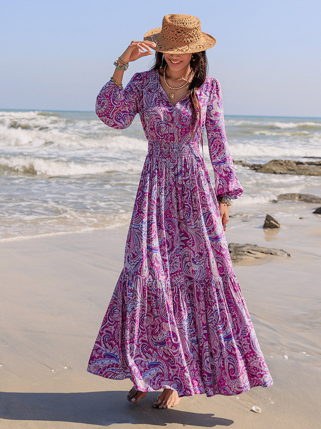 Hazel Blues® |  Printed Tie Neck Balloon Sleeve Maxi Dress