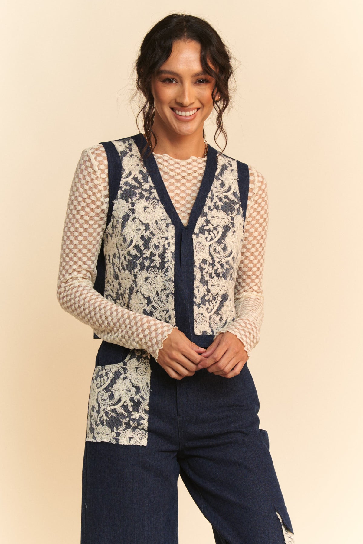 Hazel Blues® |  Davi & Dani Lace Patch Open Front Denim Vest