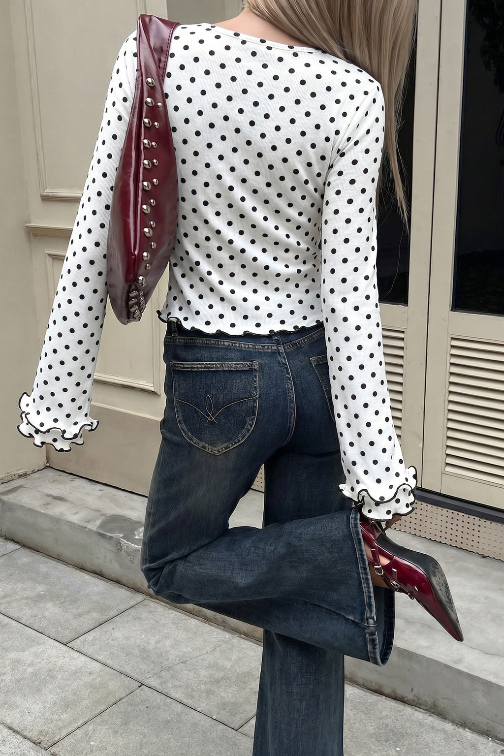 Polka Dot Print Lettuce Trim Long Sleeve Top