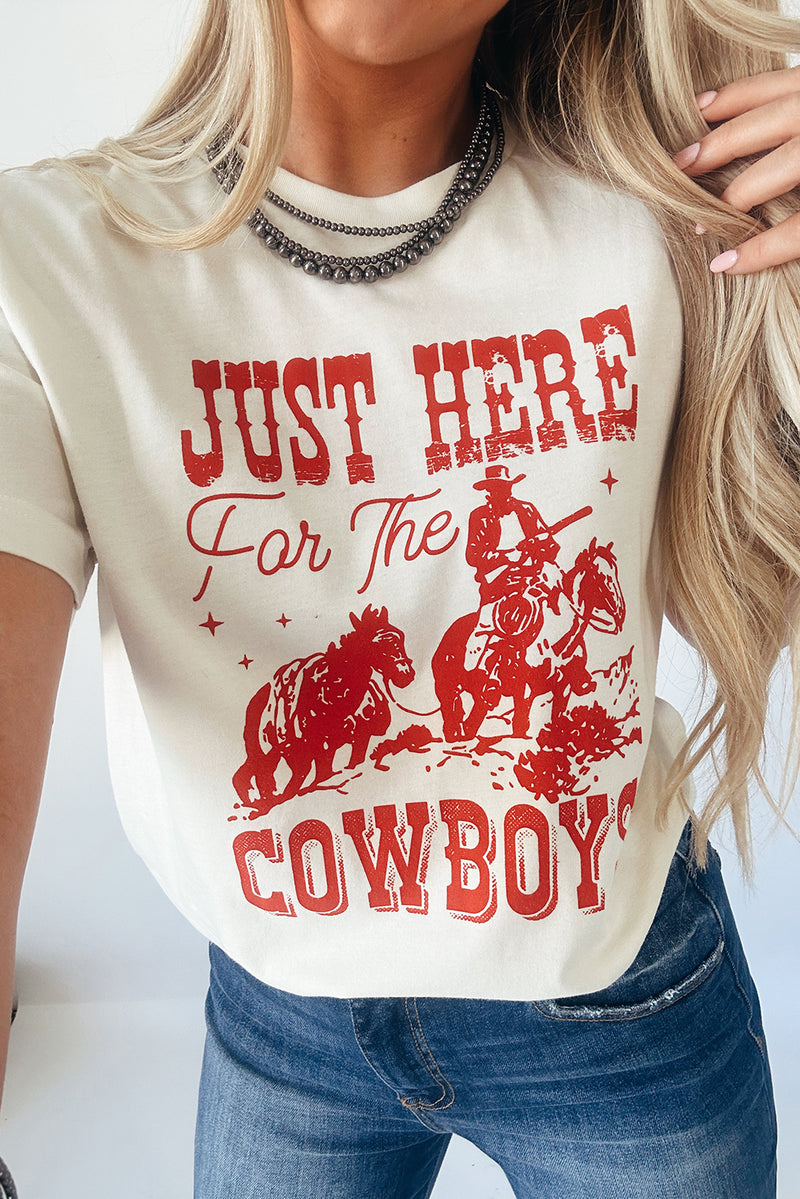Hazel Blues® |  White JUST HERE For THE COWBOY Cuffed Sleeve Crew Neck T Shirt