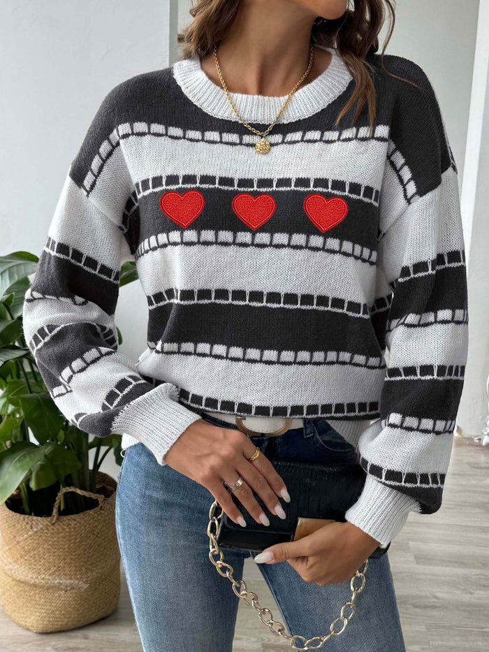 Hazel Blues® |  Heart Round Neck Long Sleeve Sweater