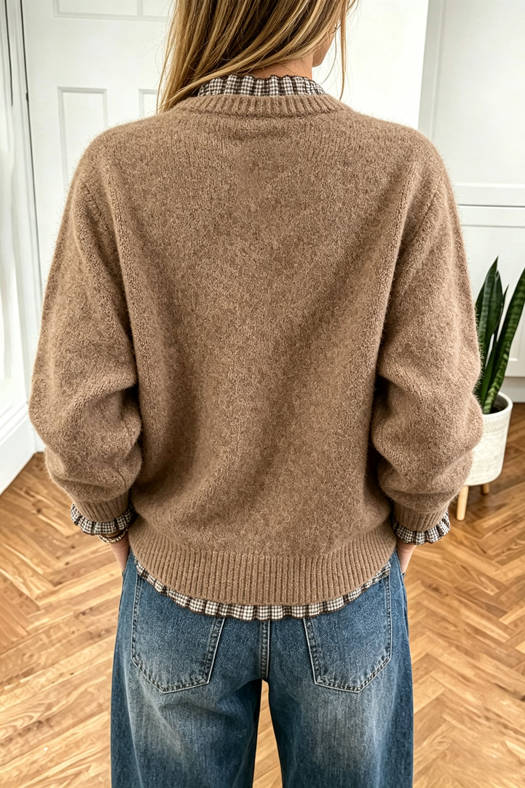 Beige Plaid Ruffle-Trim Sweater
