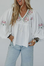 Hazel Blues® |  White Flower Lace-up V Neck Babydoll Blouse