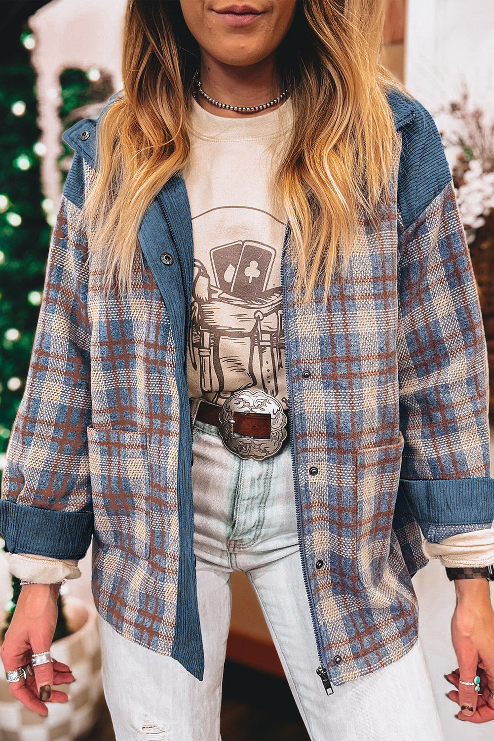 Hazel Blues® |  Gray Plaid Corduroy Patchwork Collared Zip Up Snap Button Jacket