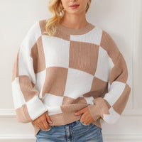 Hazel Blues® |  Checkered Round Neck Drop Shoulder Long Sleeve Sweater