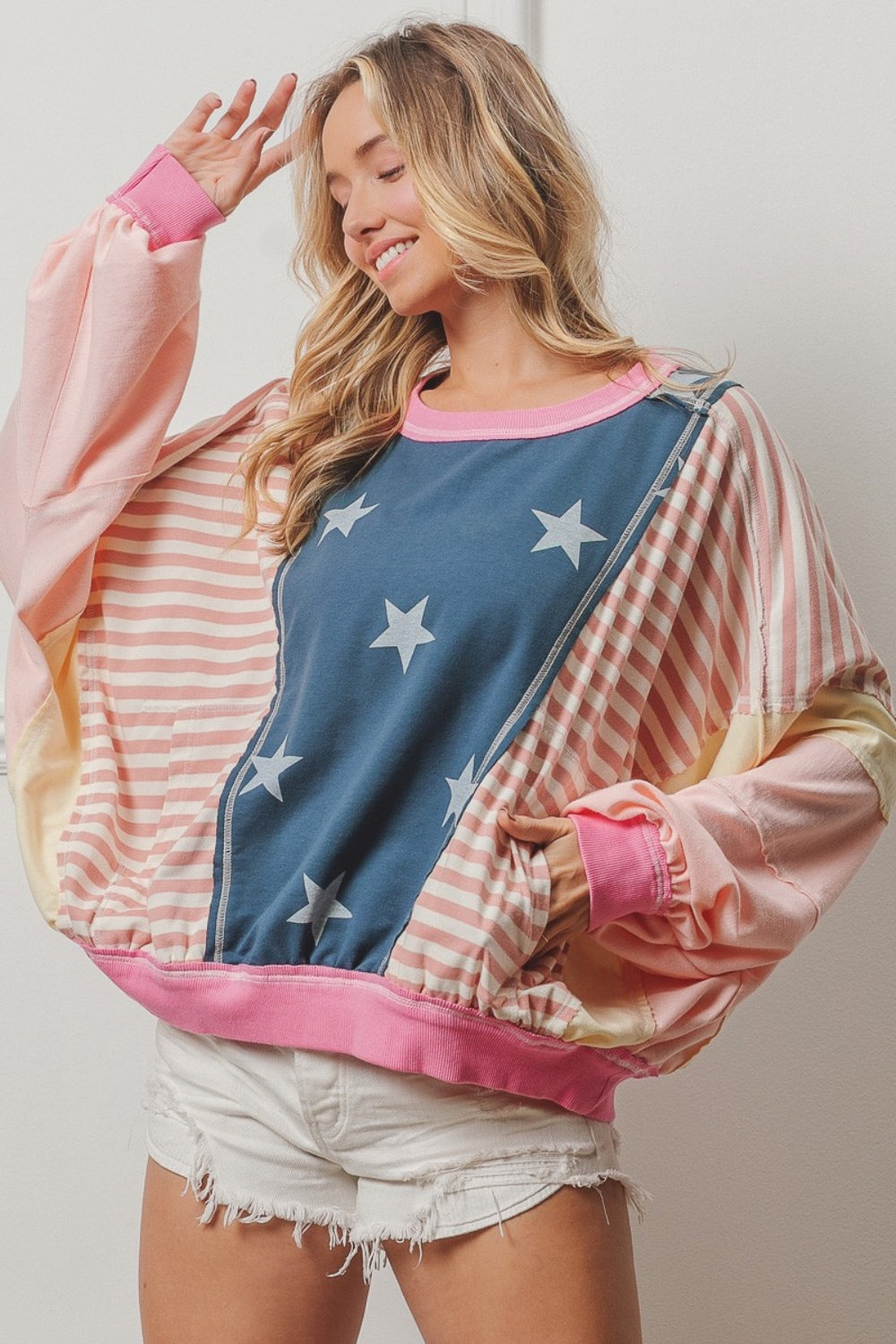 Hazel Blues® |  BiBi Stars and Stripes Round Neck Long Sleeve Top