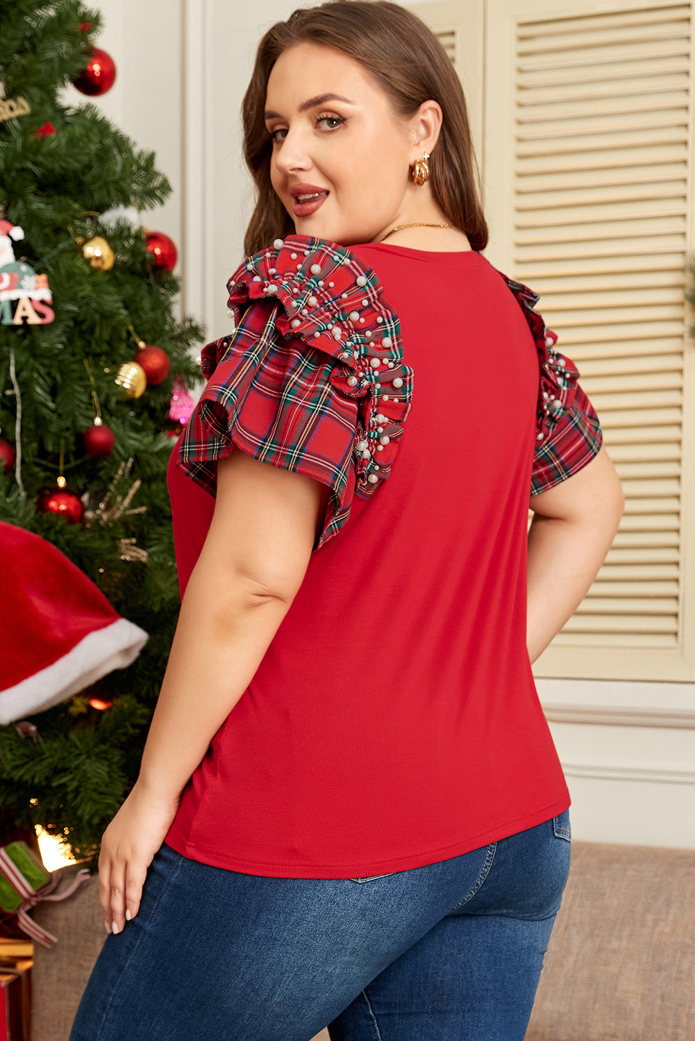 Racing Red Plaid Pearl Ruffled Short-Sleeve Knitted Christmas Holiday T-Shirt