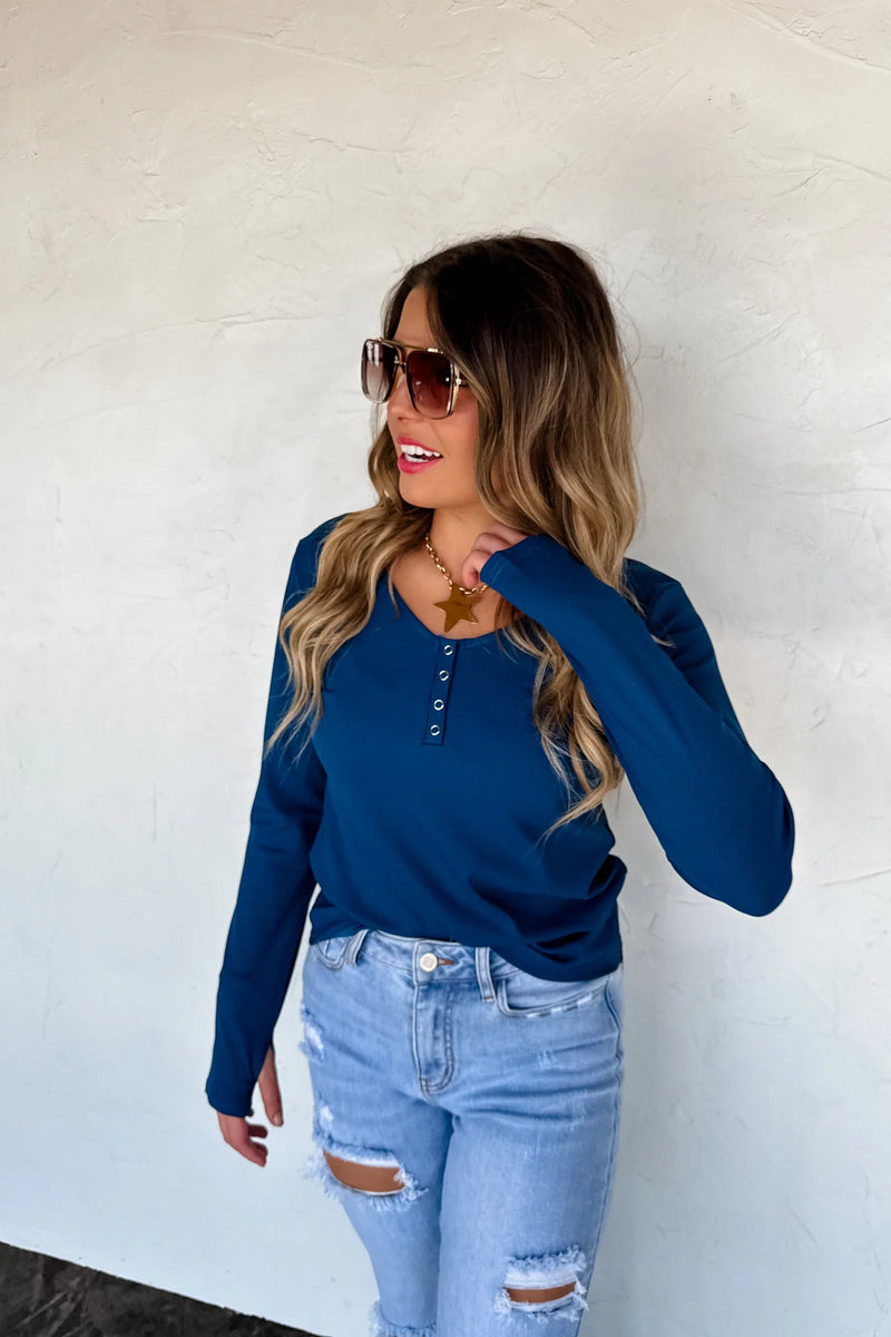 Hazel Blues® |  Fall Brooklyn Snap Henley Top