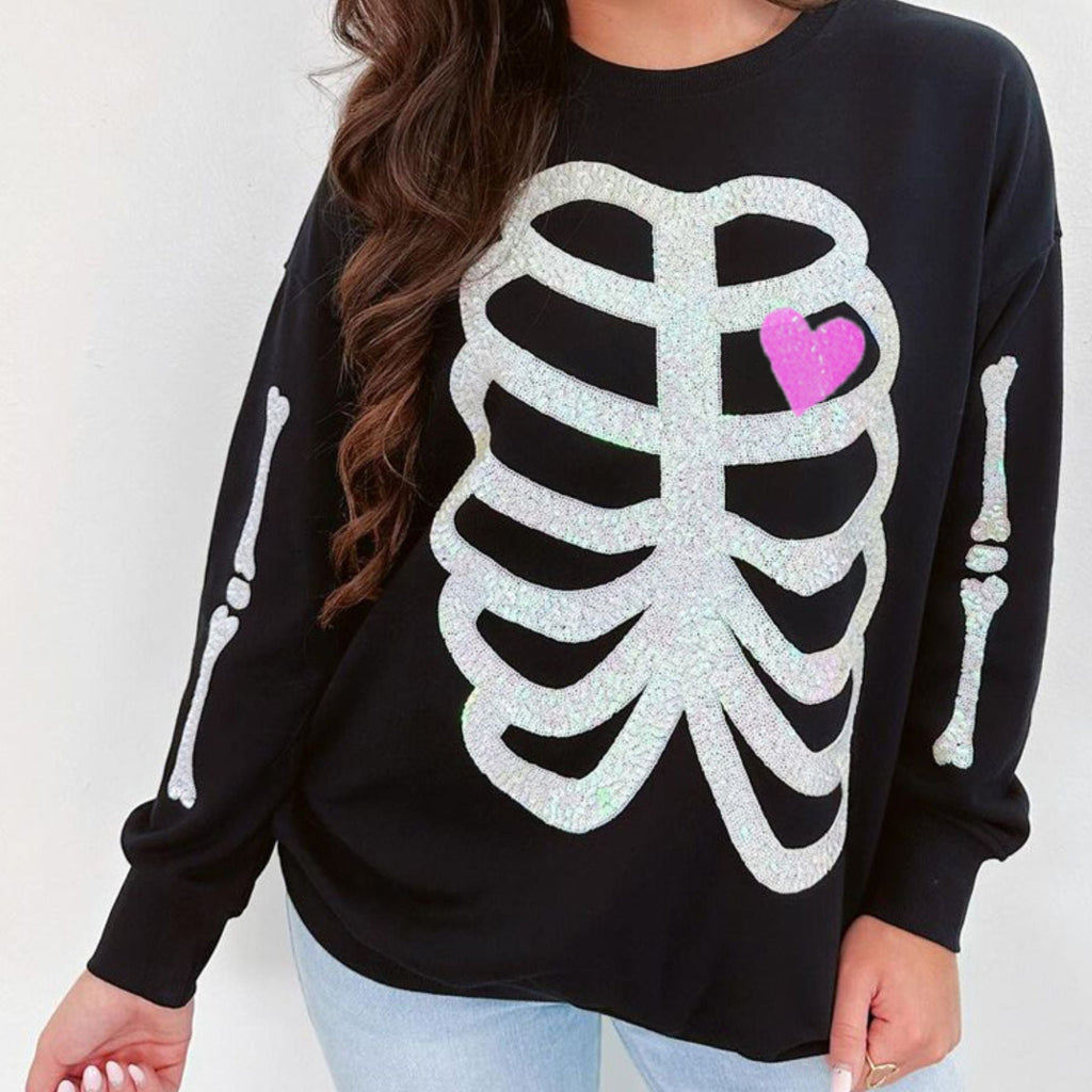Sequin Skeleton Halloween Sweatshirt for Women – Spooky Casual Crew Neck Pullover, Long Sleeve Fall Streetwear
