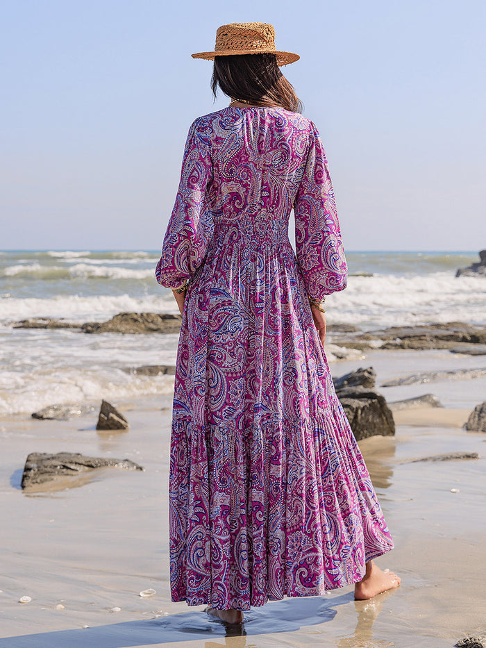 Hazel Blues® |  Printed Tie Neck Balloon Sleeve Maxi Dress