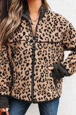 Hazel Blues® |  Khaki Leopard Print Zip Up Stand Neck Side Pocket Jacket