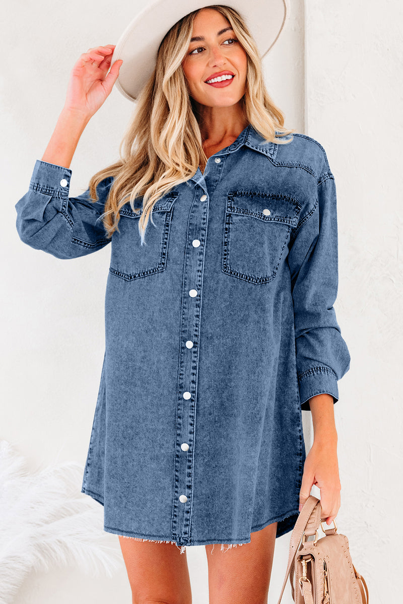 Chest Pocket Raw-Hem Denim Relaxed Shirt Dress – Hazel Blues®