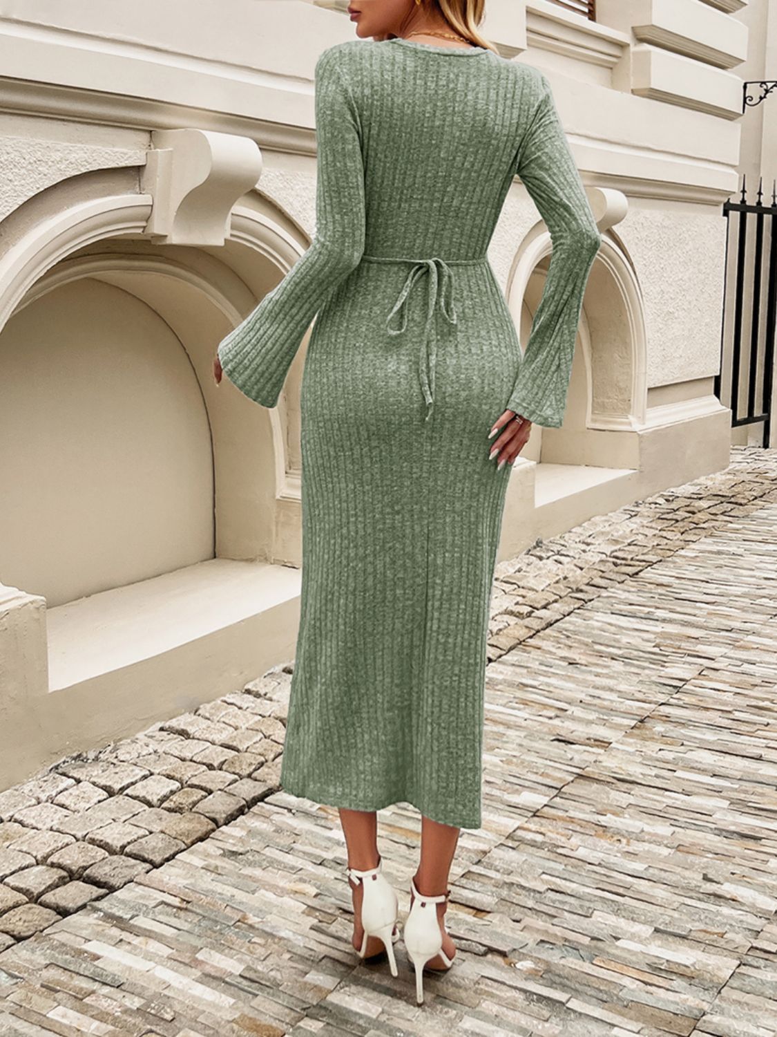 Hazel Blues® |  Devine Tied Round Neck Long Sleeve Midi Dress