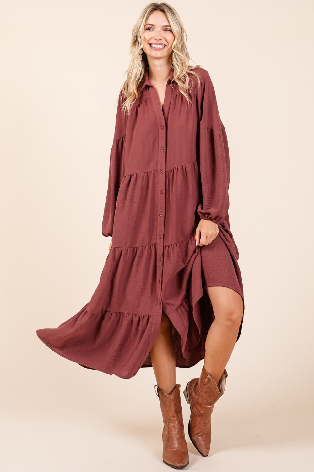 Hazel Blues® |  Mittoshop Tiered Button Down Long Sleeve Midi Dress