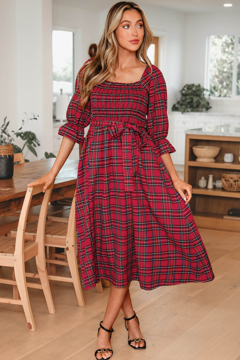 tartan plaid midi dress Clara Mae — Red – Hazel Blues® Lightweight fabric Size:17.5