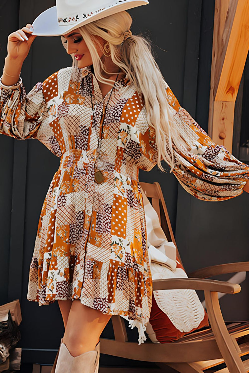 Hazel Blues® |  Printed Collared Neck Three-Quarter Sleeve Mini Shirt Dress