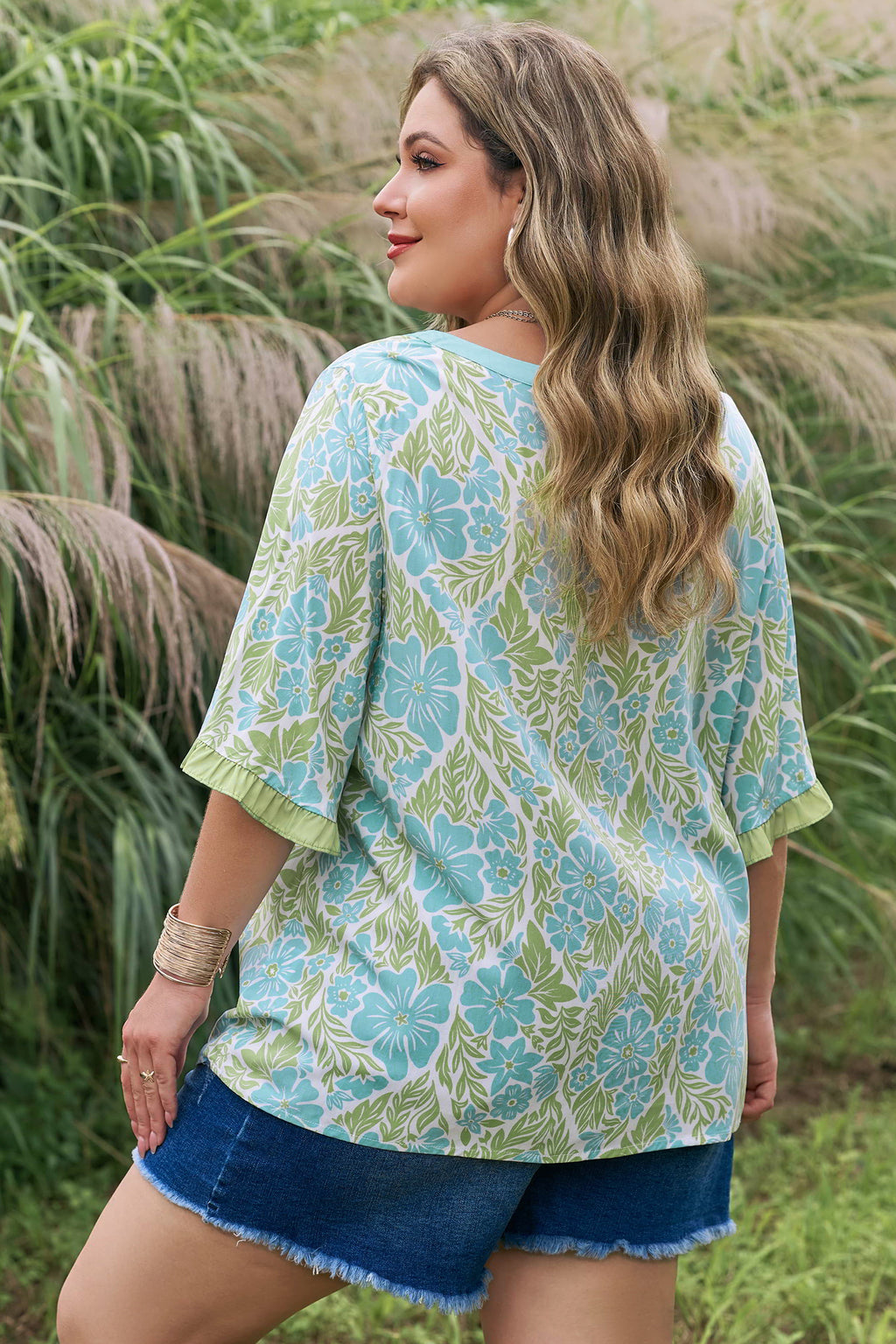 Frilled Colorblock Floral Print Trim Short Sleeve Blouse | Floral Colorblock Short Sleeve Blouse