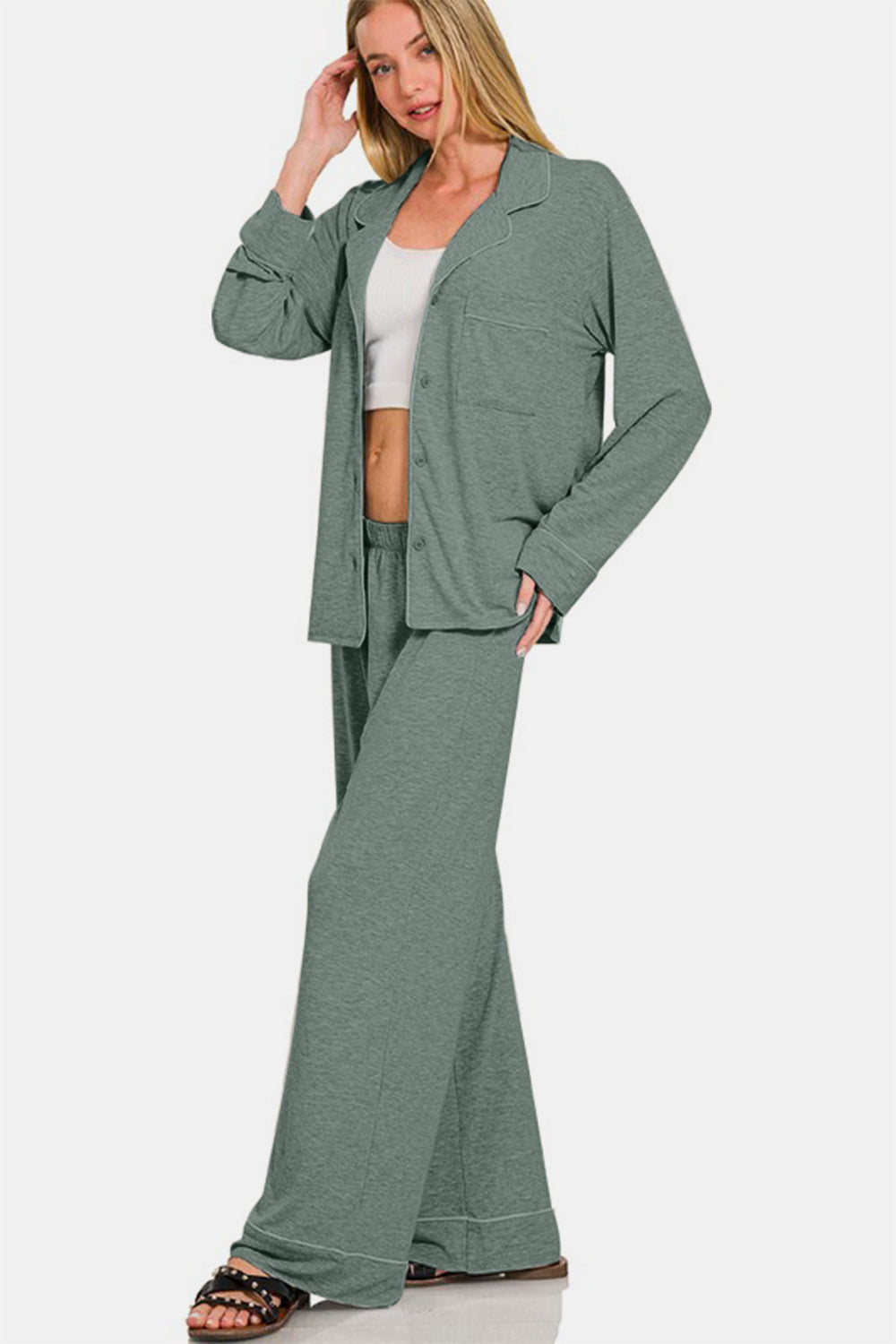 Hazel Blues® |  Zenana Button Down Long Sleeve Top and Pants Lounge Set