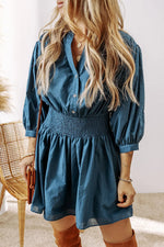 Hazel Blues® |  Smocked Half Button Three-Quarter Sleeve Mini Dress