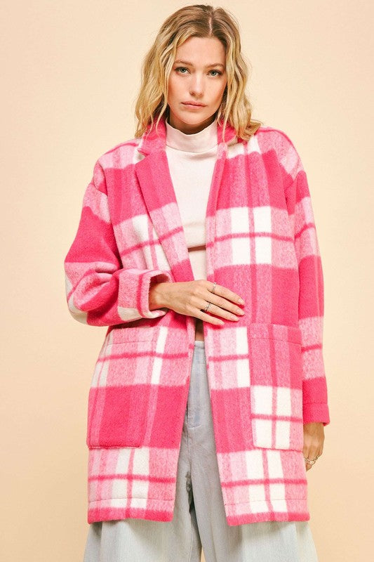 Hazel Blues® |  Davi & Dani Plaid Open Front Drop Shoulder Longline Coat