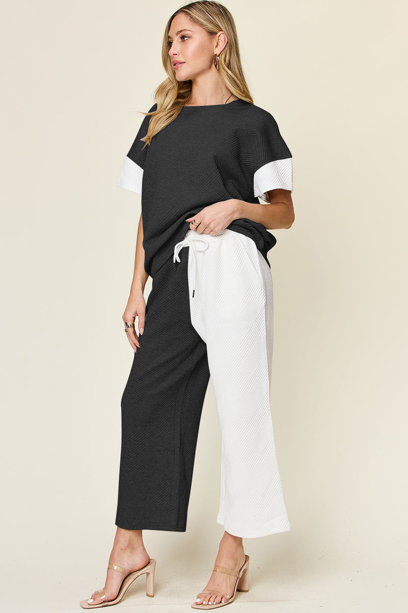 Hazel Blues® |  Double Take Texture Contrast T-Shirt and Wide Leg Pants Set