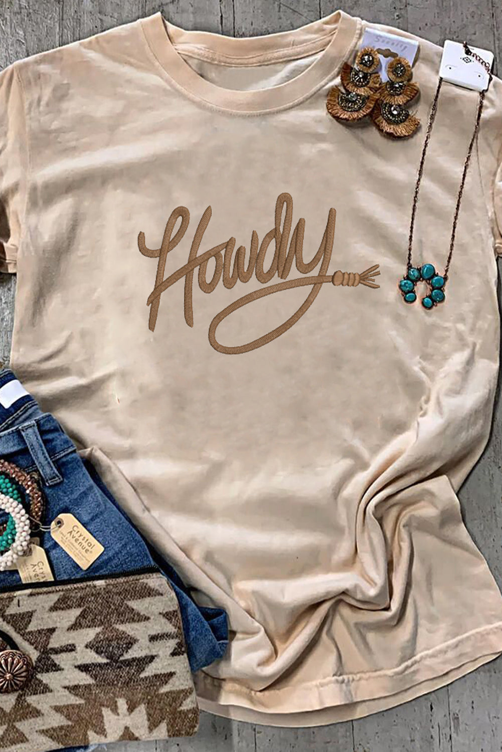 Hazel Blues® |  Khaki Howdy Embroidered Graphic Western Tee