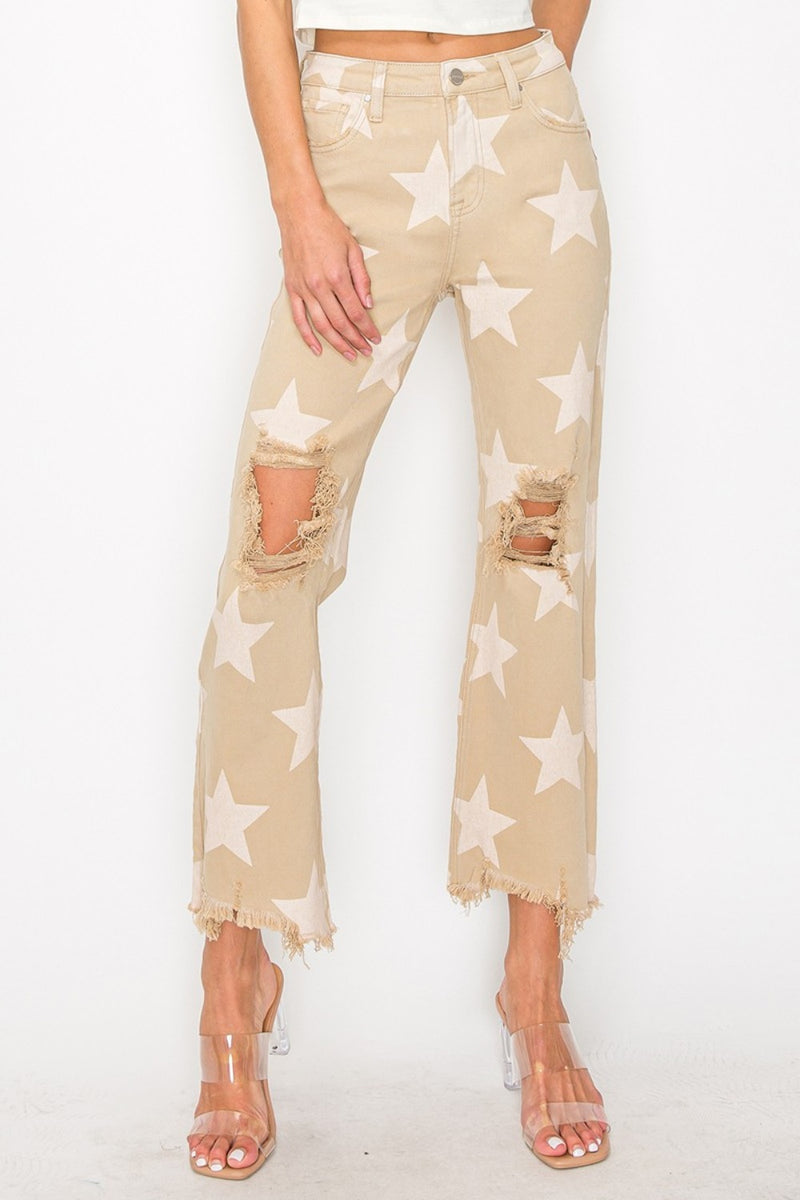 Hazel Blues® |  RISEN High Rise Star Printed Frayed Hem Jeans