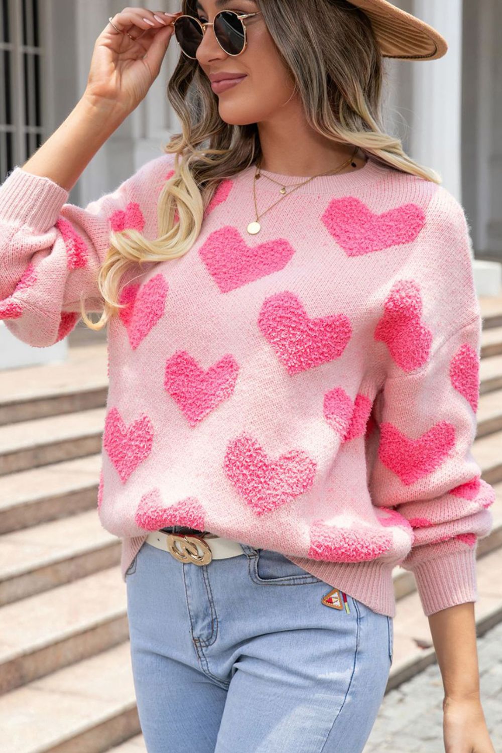 Hazel Blues® |  Valentine's Day Heart Jacquard Round Neck Sweater