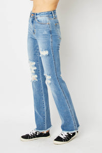 Hazel Blues® |  Judy Blue Distressed Raw Hem Bootcut Jeans