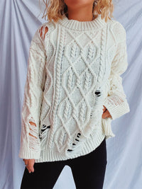 Hazel Blues® |  Distressed Cable-Knit Round Neck Long Sleeve Sweater