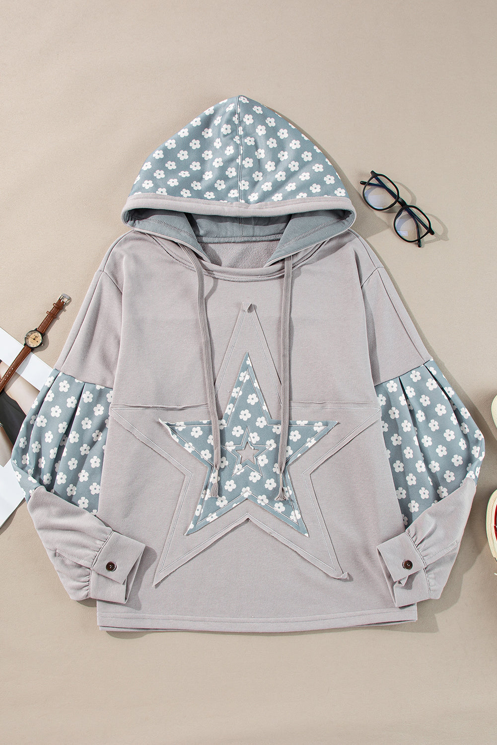 Hazel Blues® |  Floral Patchwork Star Pattern Drawstring Hoodie