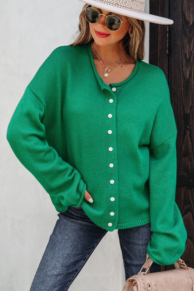 Hazel Blues® |  Bright Green Solid Color Knit Button Drop Shoulder Sweater Cardigan